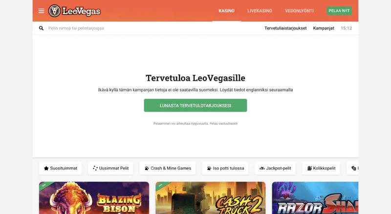 Leovegas Finland: urheiluvedonlyönti, live-jälleenmyyjäpelit, peliautomaatteihin